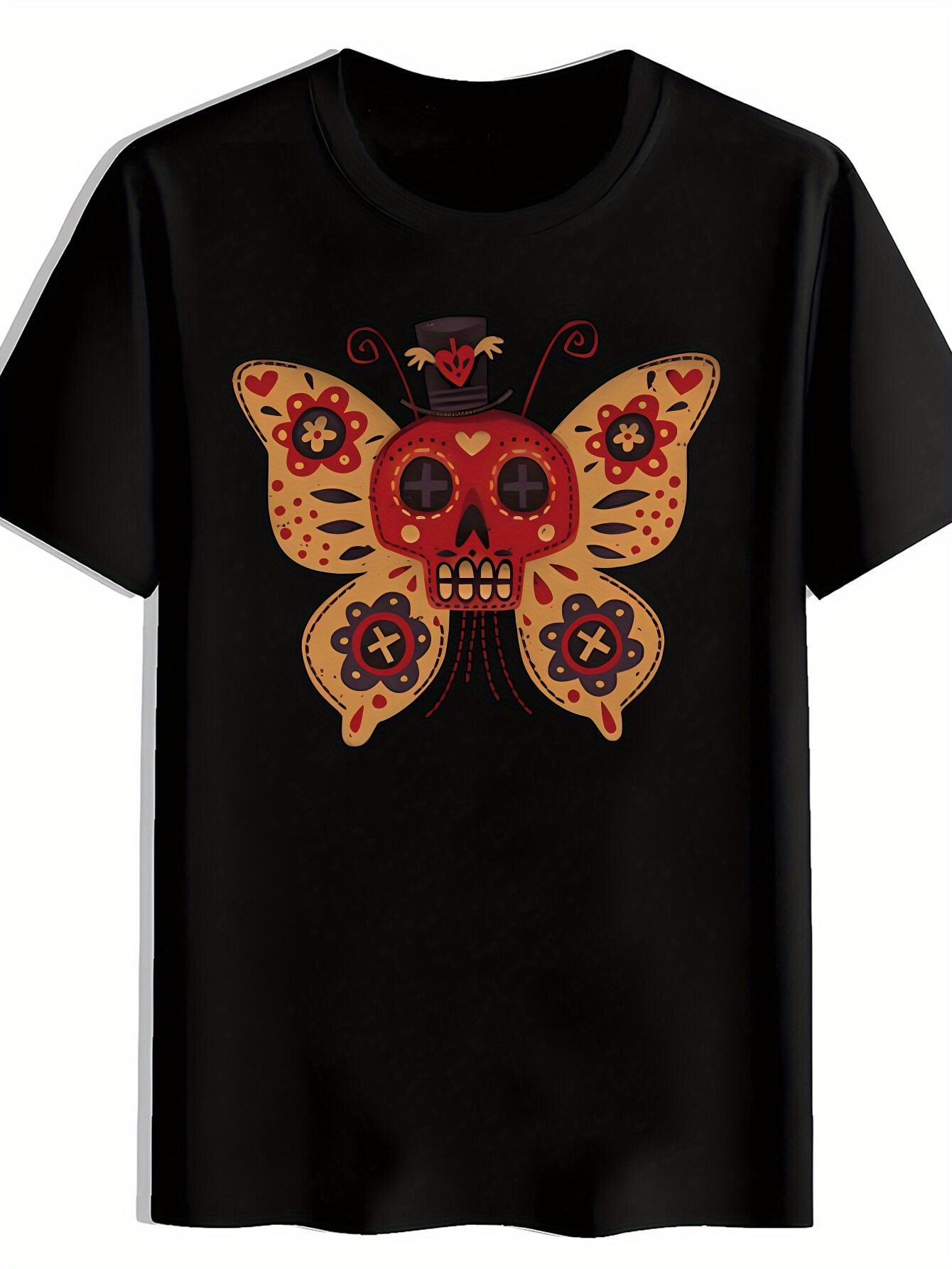 Black T-shirt with Vibrant Mexican-Inspired Skull & Butterfly Design - Casual Polyester Round Neck Tee for Summer XXXL