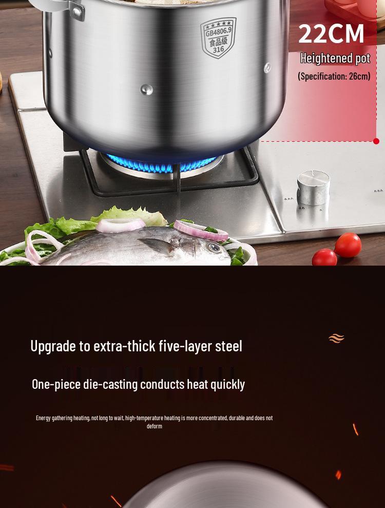316 Stainless Steel Large Capacity Stock Pot for Stewing, Broiling, and Steaming, Food-Grade and Integrated Molding Design.