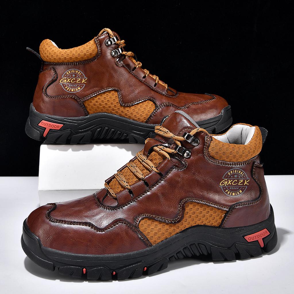 Men's High-Top Round-Toe Fashion Boots Lace-Up Outdoor Hiking Shoes Spring/Fall Thick-Sole Casual Oversized Men's Shoes