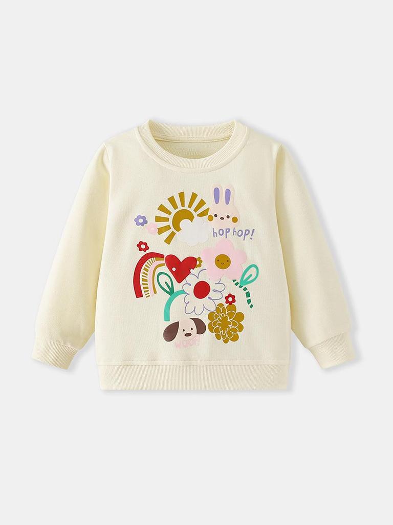 26-Year Children's Autumn Floral Hoodie - Round Neck, Animal Print, Fashionable Girl's Clothing