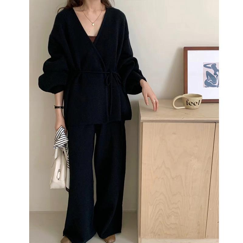 Autumn and Winter V-neck Lazy Wind Set Sweater Women's New Casual Wide-leg Pants Lace-up Knitted Cardigan Two-piece Set