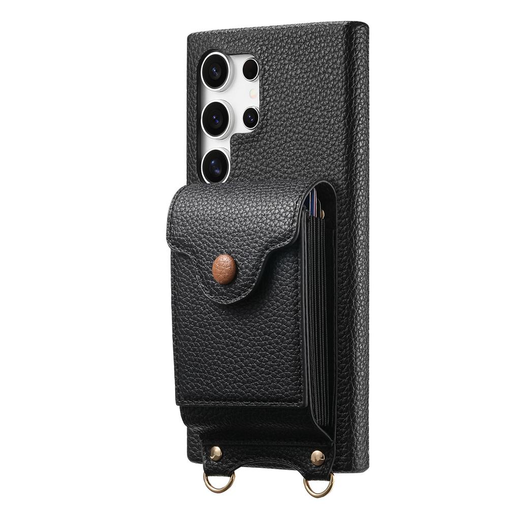 For Samsung Galaxy S25 Ultra Case Mirror Card Holder Litchi Texture Leather Phone Back Cover with Long Strap