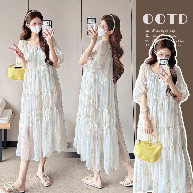 2026 Summer French Chiffon Floral Maternity Dress, Plus Size 2XL