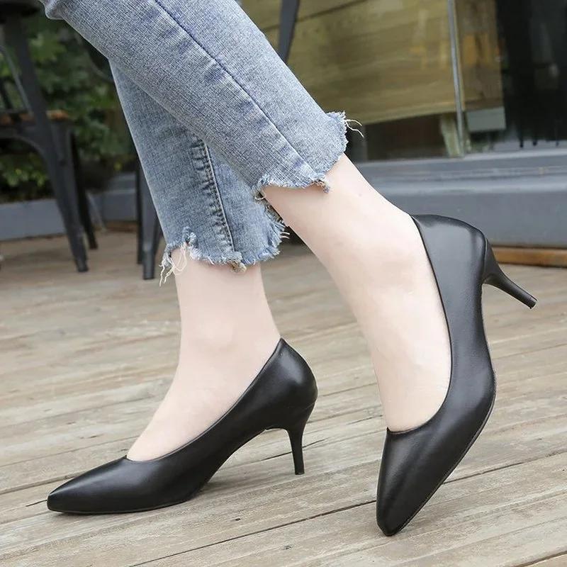 New Comfortable Leather Women Black White Wedding Shoes Bride Low Med Thin High Heels Office Work Pumps for Woman