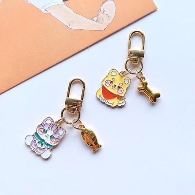 Japanese Style Cute Cat & Puppy Drip Oil Keychain - Cartoon Alloy Pendant Bag Charm