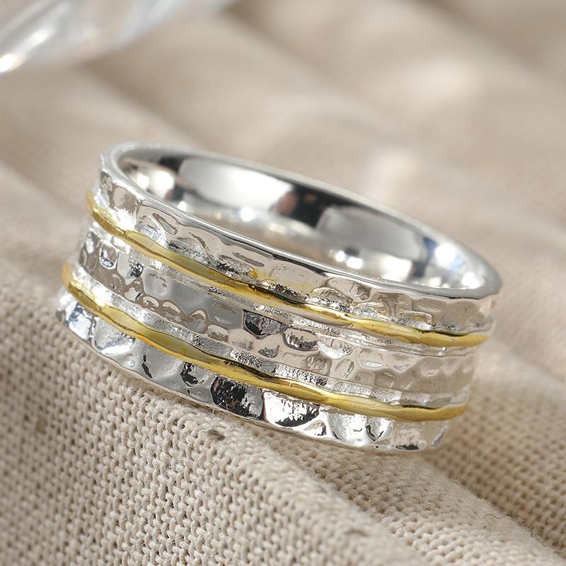 Vintage Hand Carved Wide Women's Ring Ethnic  Two Color Metal Geometry Daily Wear Party Jewelry Anniversary Gift