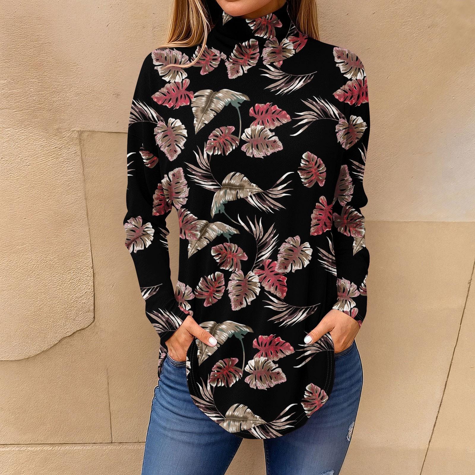 

Футболки для женщин, осенние повседневные рубашки с длинными рукавами, толстовка с винтажным принтом, топ с высоким воротом, пуловер M чёрный