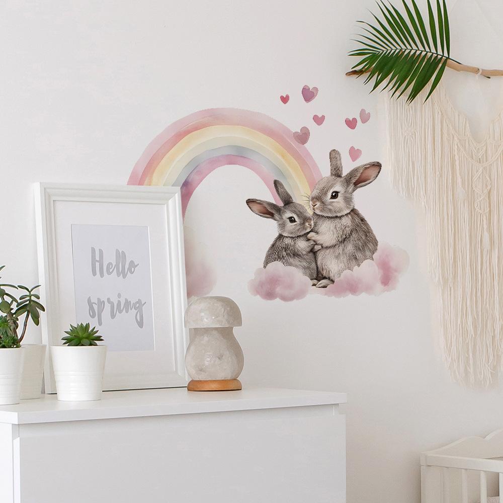 Watercolor Rainbow Couple Bunnies Wall Sticker Romantic Whimsical Self-Adhesive Removable Decor for Bedroom Living Room Home Background