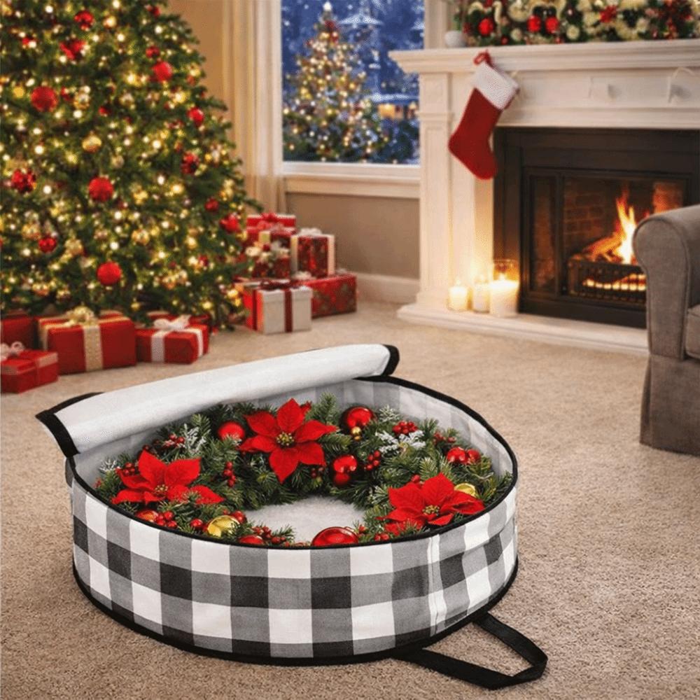 Stackable Plaid Christmas Wreath Storage Bag Waterproof Large Capacity Christmas Garland Packing Bags with Zipper and Handles