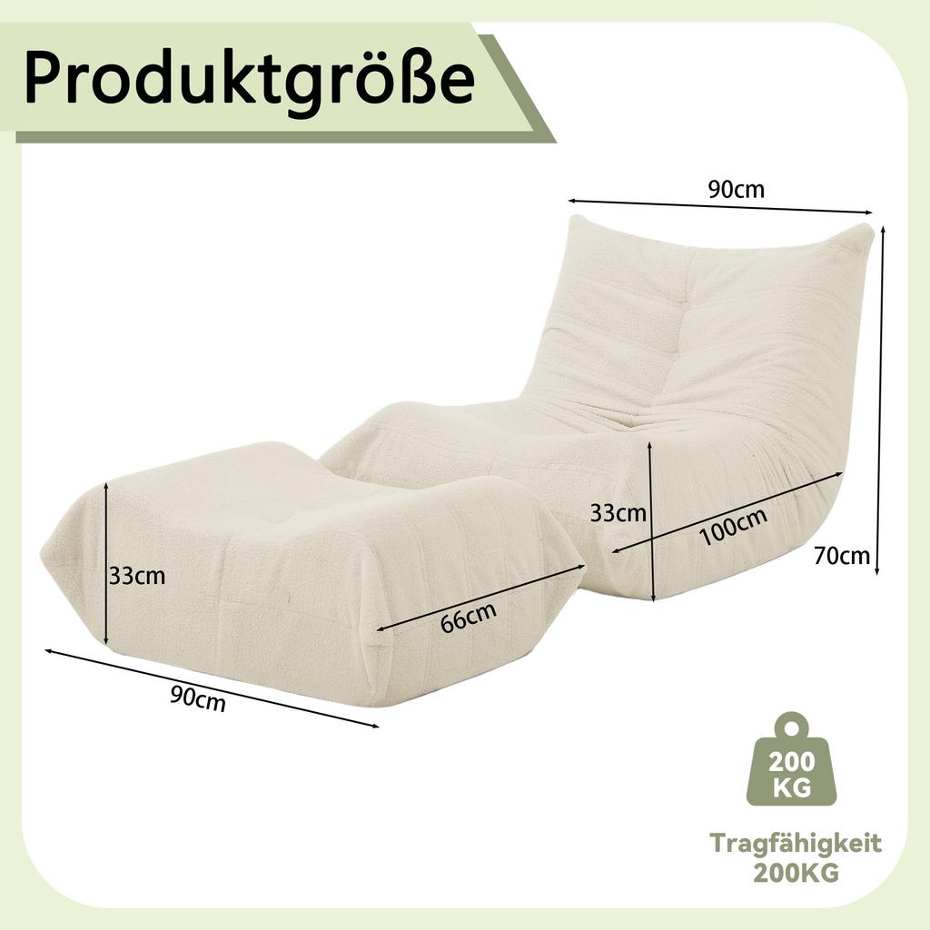 Lazy sofa with backrest and footstool, soft teddy fur bean bag floor reading chair, comfortable for living room, bedroom, study, apartment, Beige