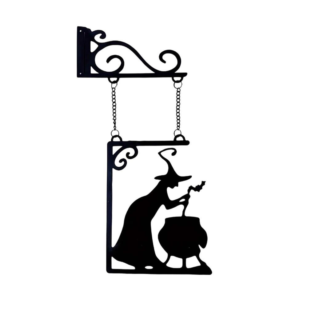 Metal Wall Hanging Halloween Witch Decoration with Cauldron Hanging Sign Indoor Outdoor Halloween Craft Ornament for Seasonal Home Display