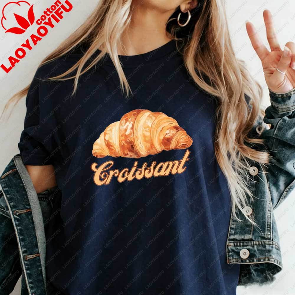 

Womens Vintage Croissant TShirt Retro French Pastry Graphic Tee Casual Cotton Tshirt Summer Cute Food Lover Aesthetic Tops 3XL