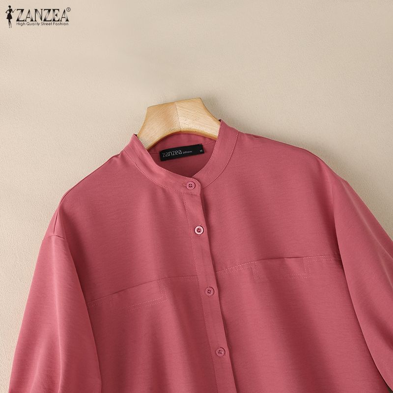 ZANZEA Women Casual Stand Collar Solid Color Half Sleeve Blouse