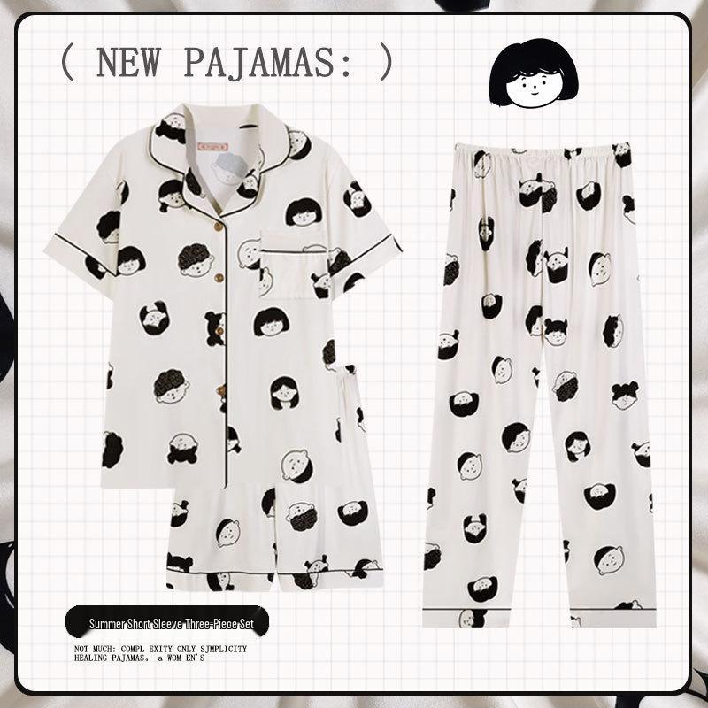 Pastoral Women's Pajama Set: Soft, Cute Rabbit Design, Short-Sleeve, Casual Three-Piece Loungewear.