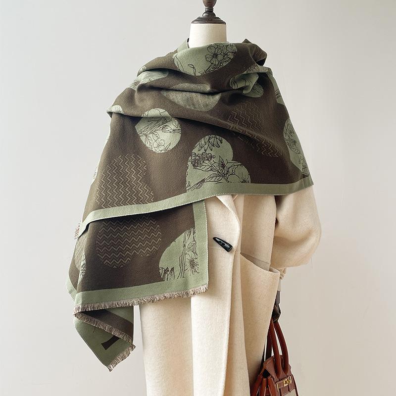 

Heart-Shaped Silhouette, Floral Lines, Personality Trend, Women S Autumn/Winter Warm Scarf, Short Beard, Tassel Shawl 180-70cm зелёный