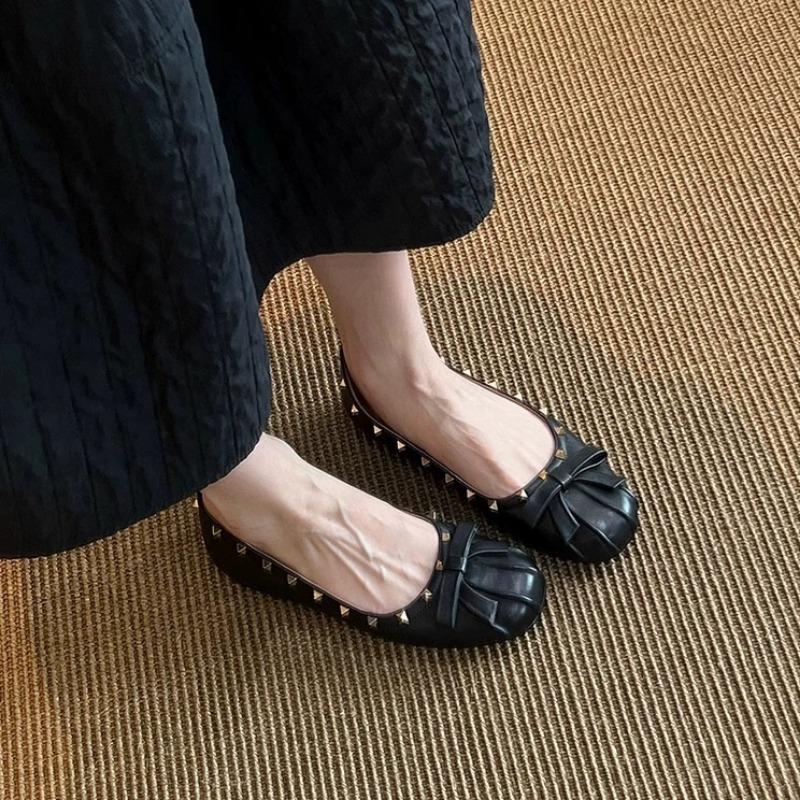 Woman Bowcropped Studded Ballet Slippers French Rivet Style Mary Jane Shoes For Summer Flats Women's Dancewear Loafers Mules