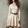 Damen Vintage Halbhoher Kragen Langarm Kurzkleid Hohe Taille Falten Reißverschluss Figurbetonte Kleider