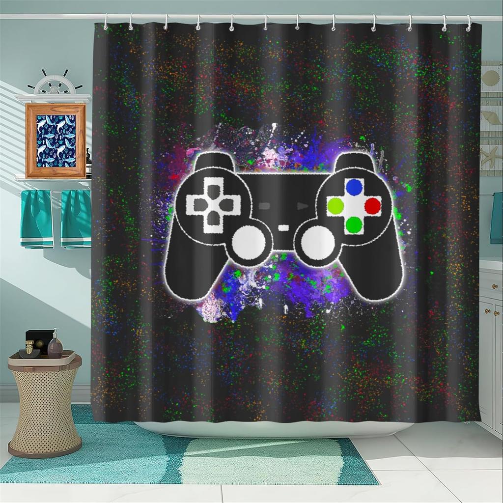 Boy Room Video Gamepad Printed Shower Curtain, Toilet Bathroom Bathtub Decorative Shower Curtain With 12 Hooks