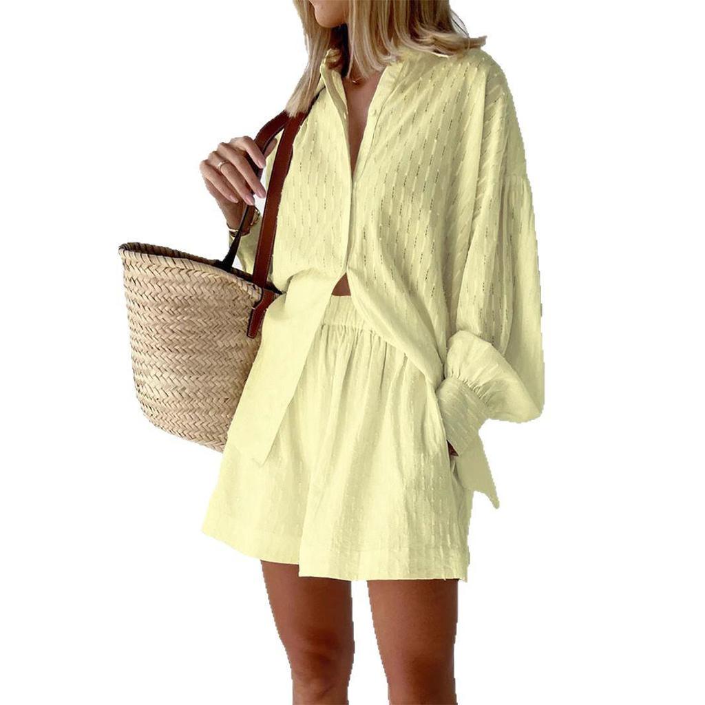 2024 Autumn Women's Puff Sleeve Blouse & Shorts Set with Jacquard Design