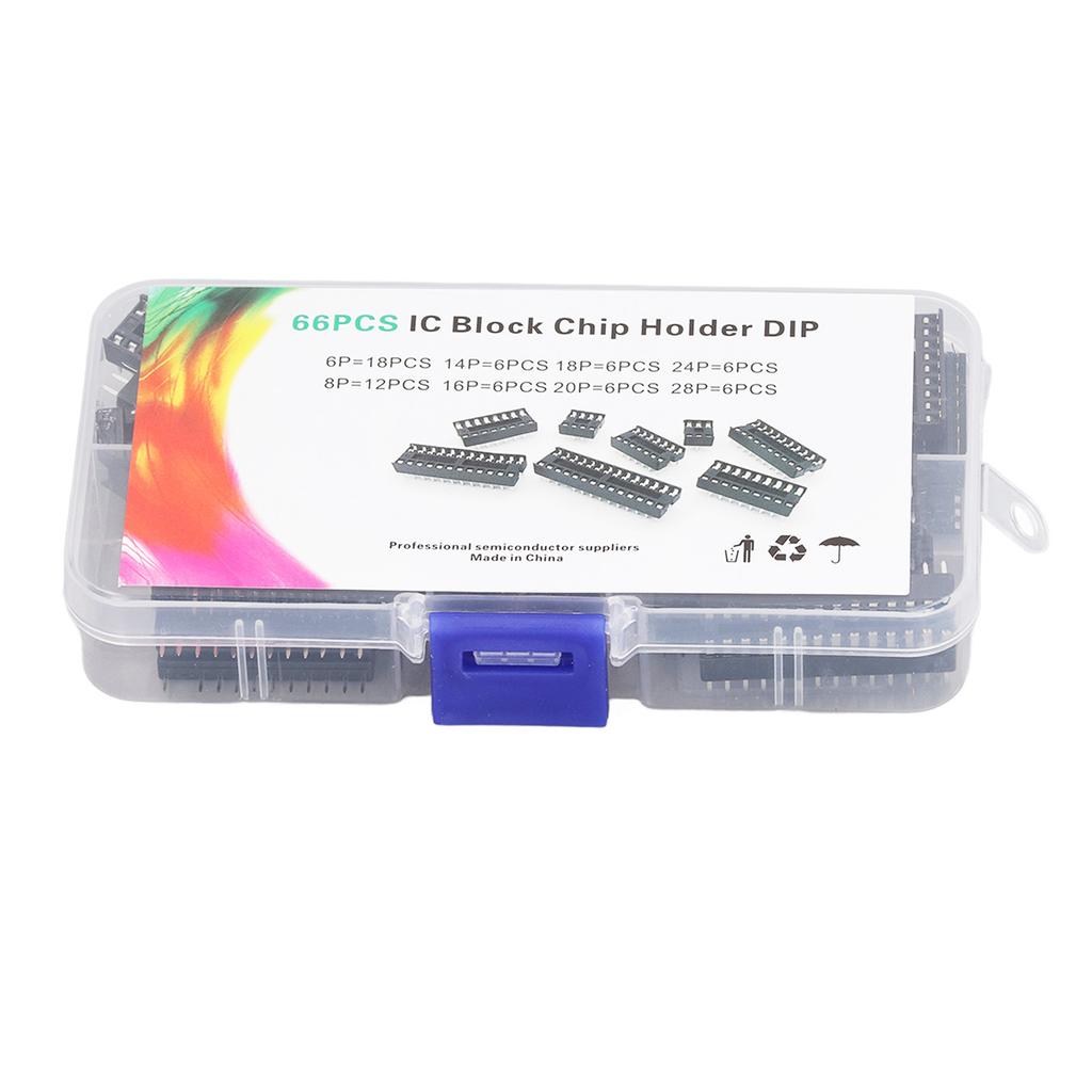 66 Stück IC-Chip-Sockel Isolierter Kunststoff Flachstift IC Sortimentskit Schaltungskomponenten 6P bis 28P