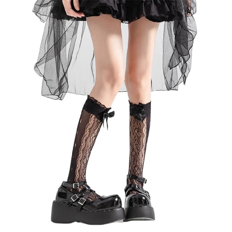Women Lace Knee Highs Socks Bows Calf Socks Princesses Socks Middle Tube Socks чёрный