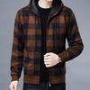 Men Fall Winter Jacket Color Matching Plaid Print Knitted Hooded Zipper Closure