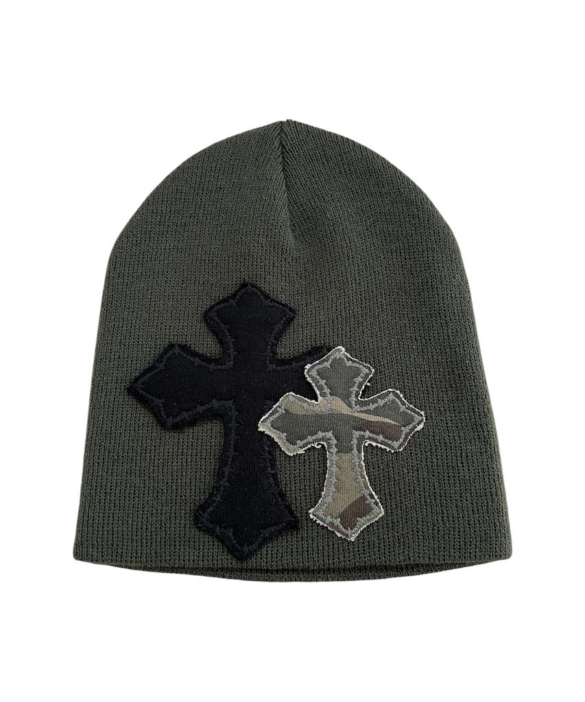 SK8ER ROCK Double Cross Patchwork Beanie ((Dark Khaki))