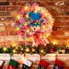 Christmas Snowman Wreath for Front Door Light Up Red/Blue Mesh Ribbon Candy Cane Wreath with Snowman Doll for Winter Home Wall Decor