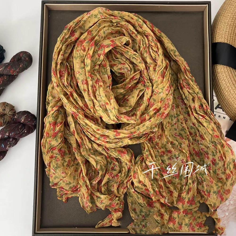Floral Cotton and Linen Scarf New Korean Version Sunscreen Pleated Thin Retro Floral Printed Shawl Outer