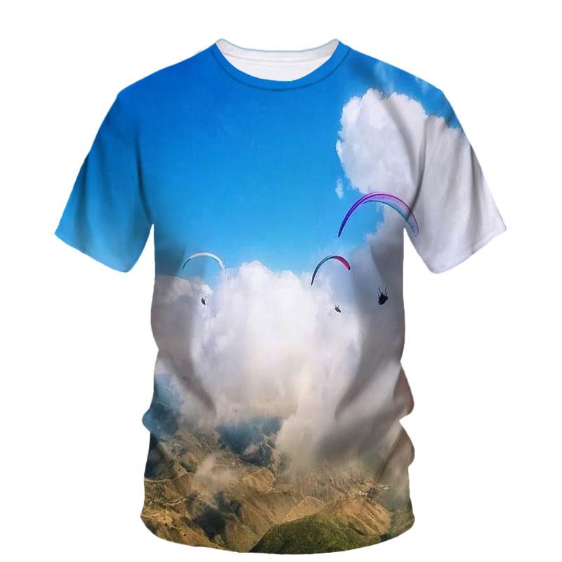 3D Parachute Paraglider Printed Casual Short Sleeved Children's Boy T-shirts  - Soft Medium Stretch Fabric Spring and Autumn Relaxed Fit Clothing