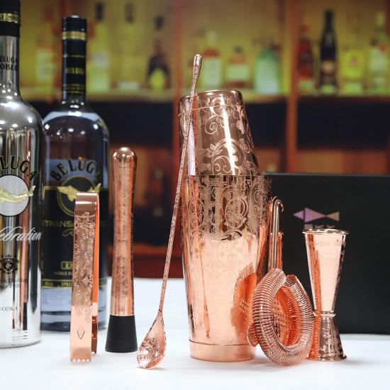SKY FISH Bartender Kit Cocktail Shaker Set-6 Pieces Stainless Steel Copper Plated Etching Bar Tools with Boston Shaker Tins,Mixing Spoon,Mojito