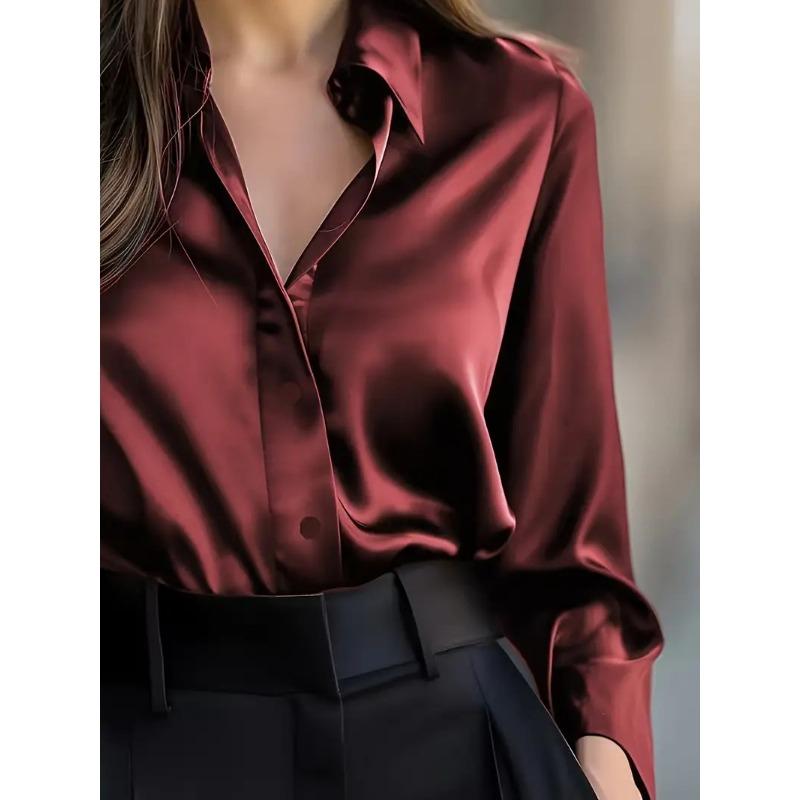 Damen S Langarm V-Ausschnitt Knopfleiste Einfarbig Elegante Bluse
