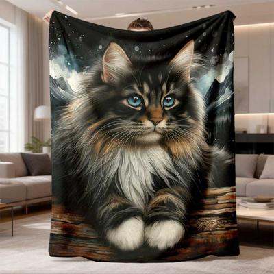 2026 New Arrival Flannel Blanket Hypoallergenic Flannel Blanket with Majestic LongHaired Cat & Mountain Starry Night Design AllSeason Soft Throw for B