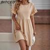 Women's Fashion Summer Spring Solid Color Print O-Neck High Waist Casual Dresses