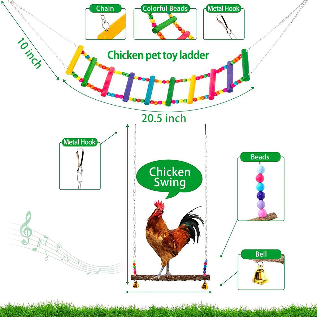 Chewing Foraging Toys Chicken Toys Set Parrot Playing Training Toys with Wooden Swing Fruit Vegetable Hanging Feeder Bell Toys