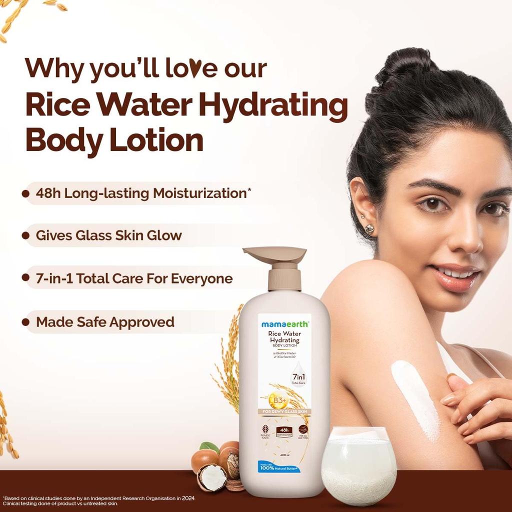Mamaearth Rice Water Hydrating Body Lotion 400 Ml Pack of 1 for Dewy Glass Skin and Long-Lasting Moisturization