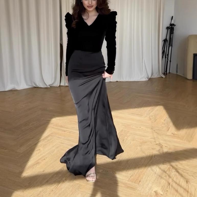 

European and American Sexy Women s V-Neck Long-Sleeved Slim-Fit Dress L чорний