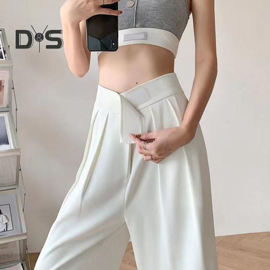 Women Suit Pants Straight Wide Leg Loose High Waist Solid Color Formal OL Commute Full Length Fasten Tape Adjustable Waist Lady Formal Trousers