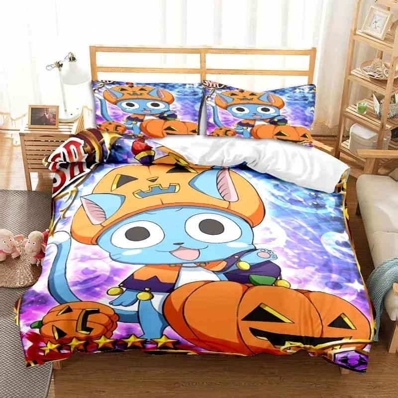 3D Anime Fairy Tail Bedding Set Bed Three-piece Set Duvet Cover Single Double Bed Queen Size Duvet Cover Set Adult Kid's Bedroom Tool