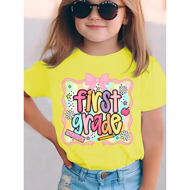 European Size Girls School Season Crew Neck Short Sleeved T Shirt with Bow Tie and Flower Pattern