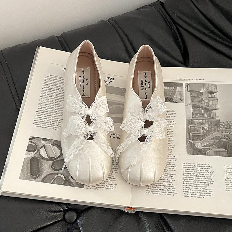 

Дизайнерские ретро туфли Мэри Джейн с лентой и бантом, с неглубоким вырезом, летние кружевные удобные балетки для девочек 40 бежевый