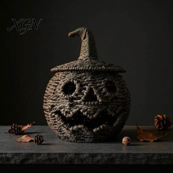 Handmade Fall Decor Handwoven Halloween Pumpkin Basket, Spooky Candy Storage Basket with Lid, Vintage Wicker LED Lantern for Light Up Candle