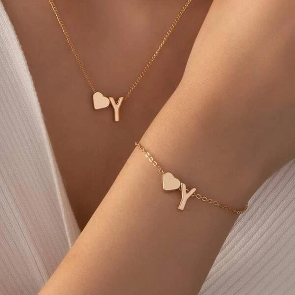 Retro Metal Heart 'M' Necklace & Bracelet Set for Women - European & American Letter Jewelry