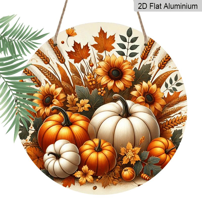 2D Flat, 1pc Round Aluminum Hanging Sign, Rustic Farmhouse Metal Wall Decor - Autumn Harvest Pumpkin & Fall Signs, Seasonal Plaque Suitable for Home