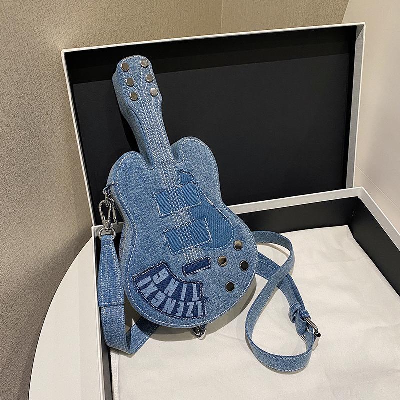 Versatile messenger new Spice Girl unique niche design sense women's retro shoulder bag guitar shape denim bag