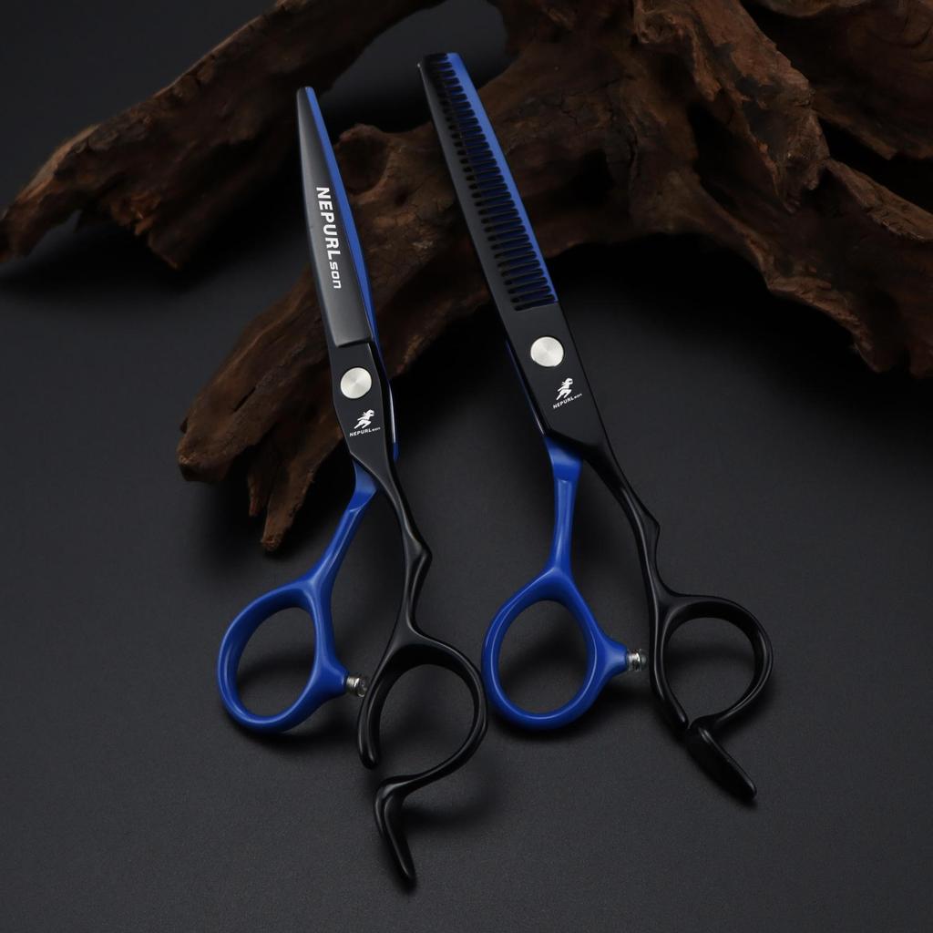 6.0" Black-Blue Notch Handle Napson Hairdressing Thinning & Straight Shears