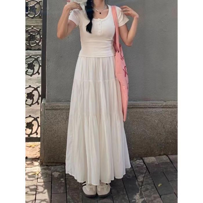 Sweet Petite Slimming Pleated Long Skirt: Lined, Layered, Solid Color, Waist-Cinching Half-Skirt for Women