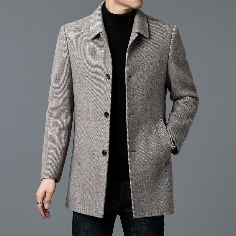 New Spring and Autumn Dad Men's Coat Medium and Long Casual Lapel Wool Trench Coat Middle-aged and Elderly Coat