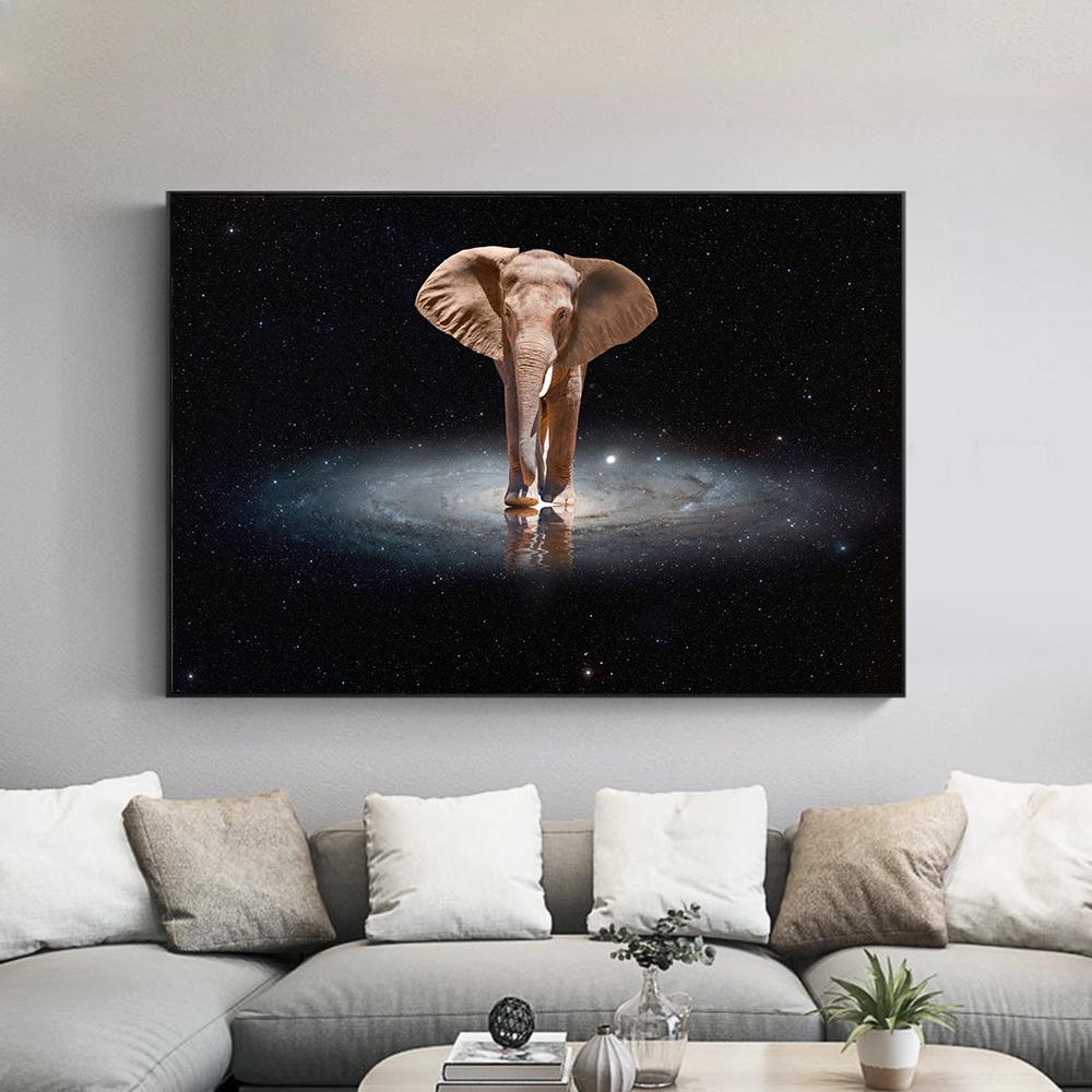 Andromeda Galaxy Photo Modern Wall Art Canvas Print Poster Whimsical Elephant Animal Picture for Living Room Home Decor Cuadros