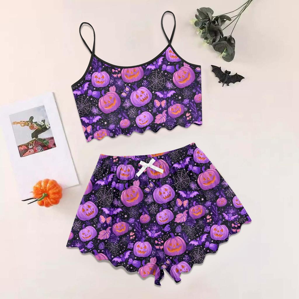 Women's Halloween Set With Retro Floral Print Suspender Sleeveless Vest Shorts Pajama Set